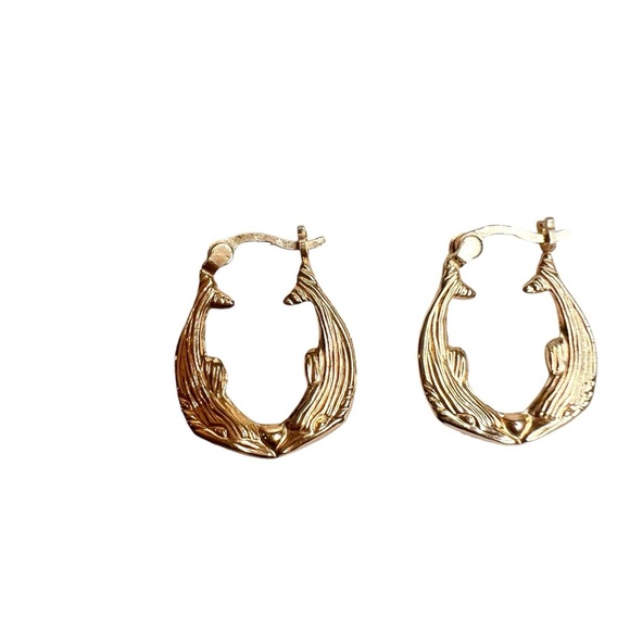 14K Pure Gold Double Dolphin Shaped Motif Hoop Earrings - Picture 4 of 11